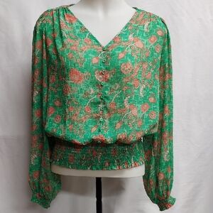 Maison d'Amelie Floral Green & Pink Smocked Waist Long Sleeve Pullover Blouse